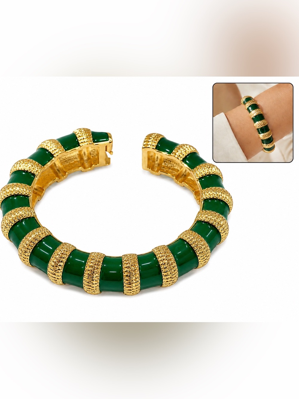 Bamboo Gold Emerald Green Enamel Statement Bracelet vintage Designer Inspired